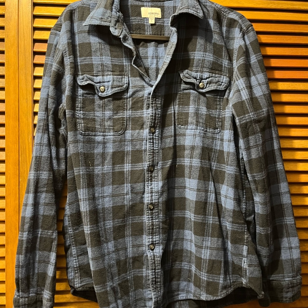 Sonoma Blue and Black Plaid Casual Button Down Shirt